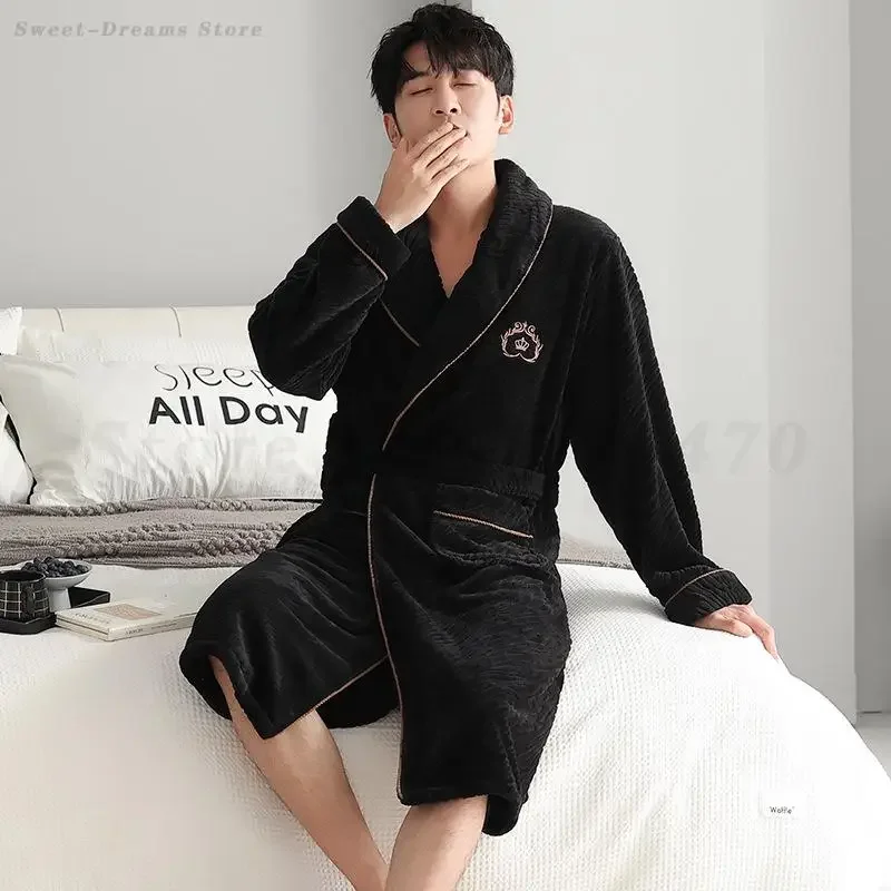 

Men's Thick Robe Sleepwear Winter Flannel Nightgown Loungewear Coral Fleece Warm Home Clothes Long Sleeved Bathrobe Kimono Gown