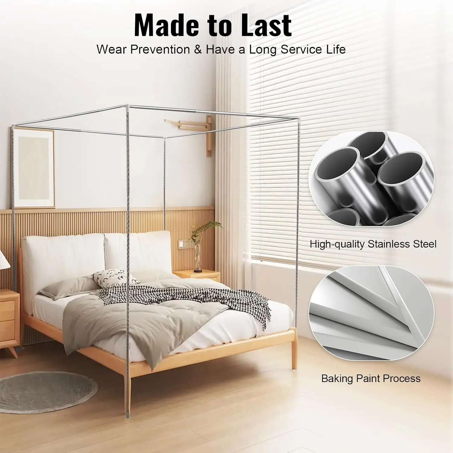 Four-Corner Bed Canopy Frame Posts, Metal Four-Corner Mosquito Net Stand for Single/Double/California King/King Beds