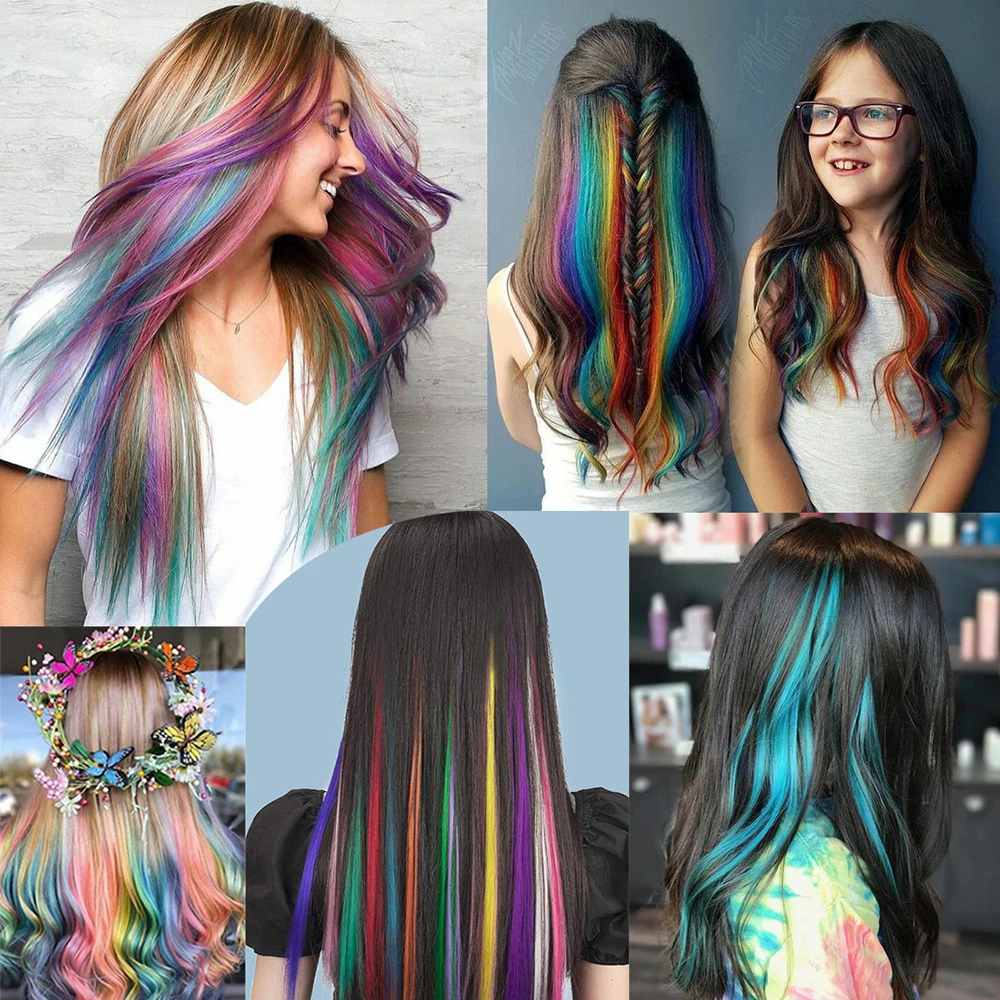 Épingles à cheveux synthétiques pour filles, 10 mèches de cheveux, extension de cheveux longs et raides, pince à cheveux colorée, cheveux