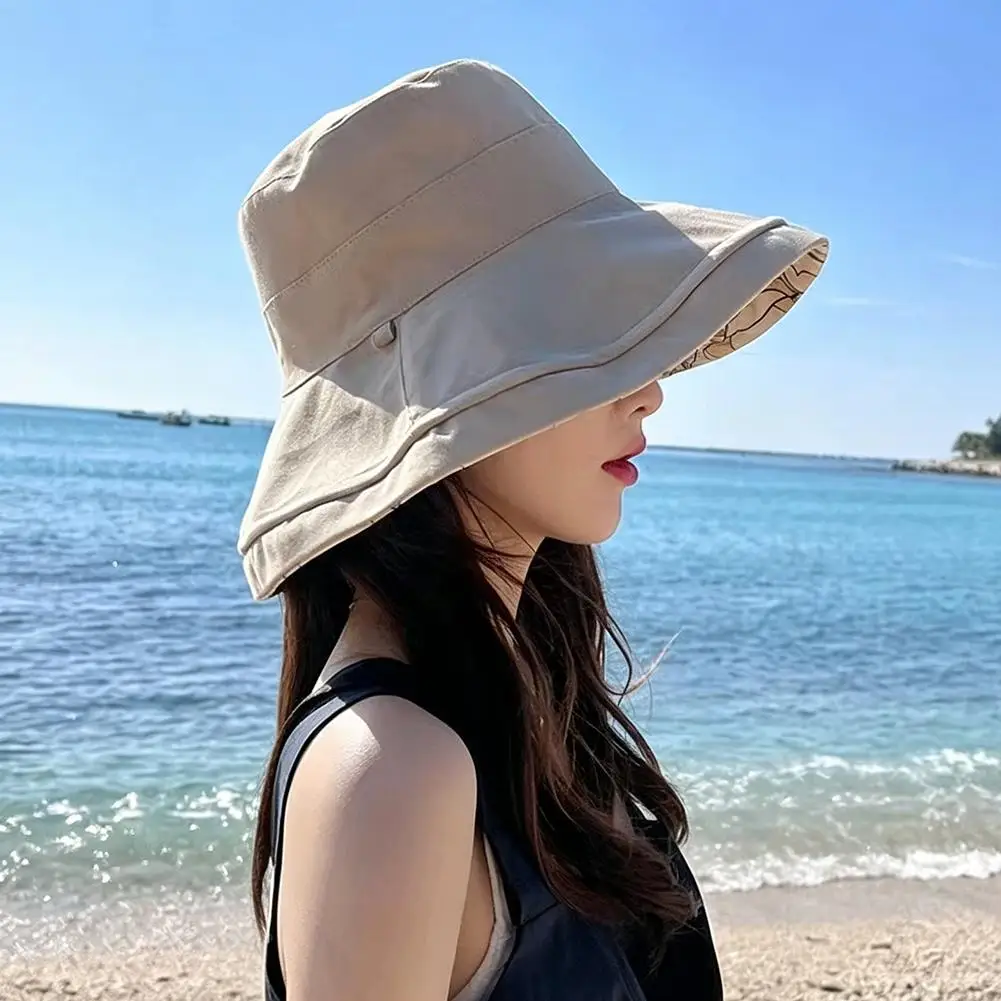 Double-Sided Bucket Hat For Women,Summer Sun Protection Full Face With Windproof Rope Flower Print Wide Brim Fisherman Hats