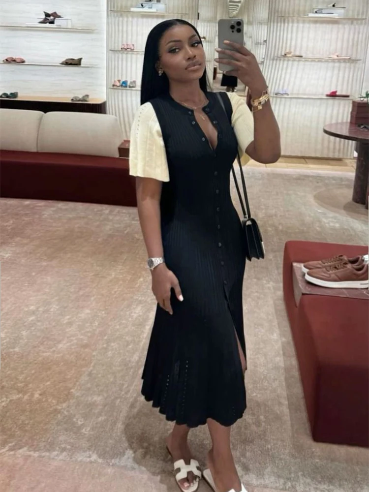 Elegante orlo plissettato Street Fashion O collo manica a campana Slim Knit Midi Dress 2024 donne Summer Beach costume da bagno Cover Up tunica A3055
