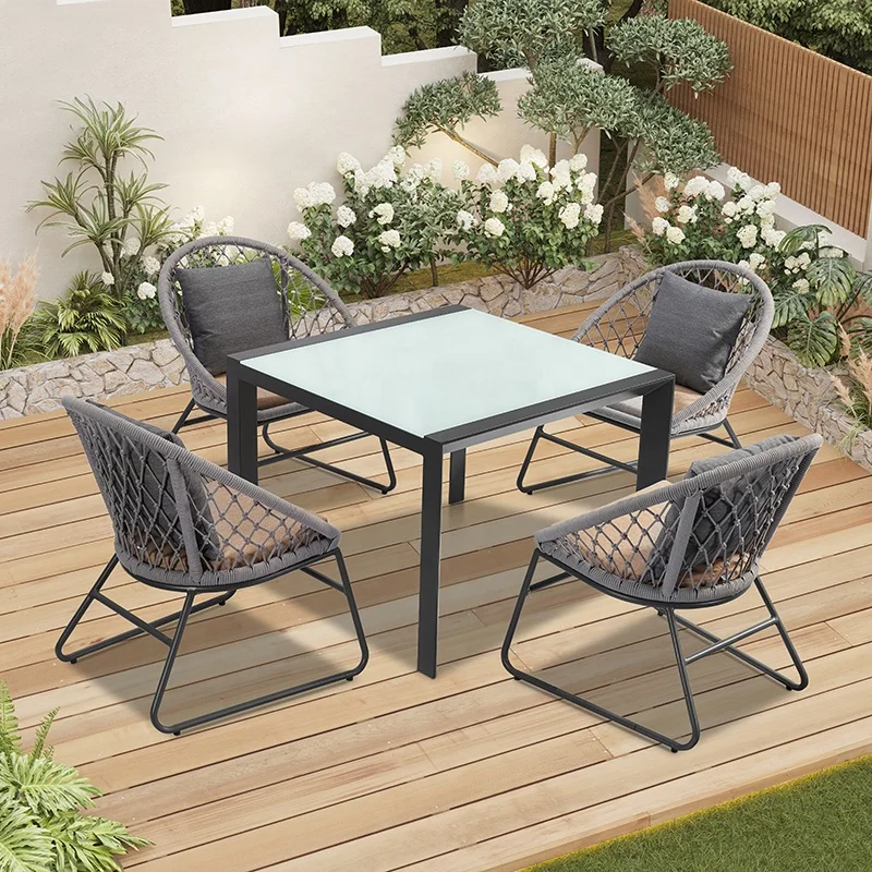 Courtyard Dining Room Rope Dining Room 4 Chairs Outdoor Garden Modern Square Glass Top Table Furniture Dining Table Set
