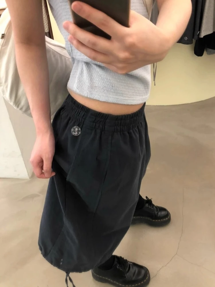 

Summer Simple Casual Five-point Pants Y2k Elastic Waist Lace Up Shorts for Women 2025 New Loose Straight Wide Leg Shorts