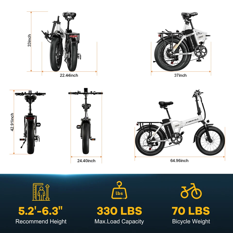 Cybervelo 1000W Peak High-speed Brushless Folding 20 Inch Fat Tire Electric Bike for Adults 48V 20.8Ah/50Ah Removable Battery 80 Miles Range Commuter E-Bicycle EK4 image 17