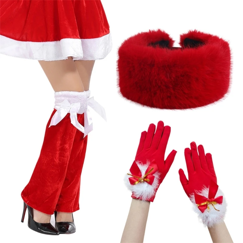 Festival Party Gloves Red Leg Warmers Hat Adult Female Christmas Santa Costume