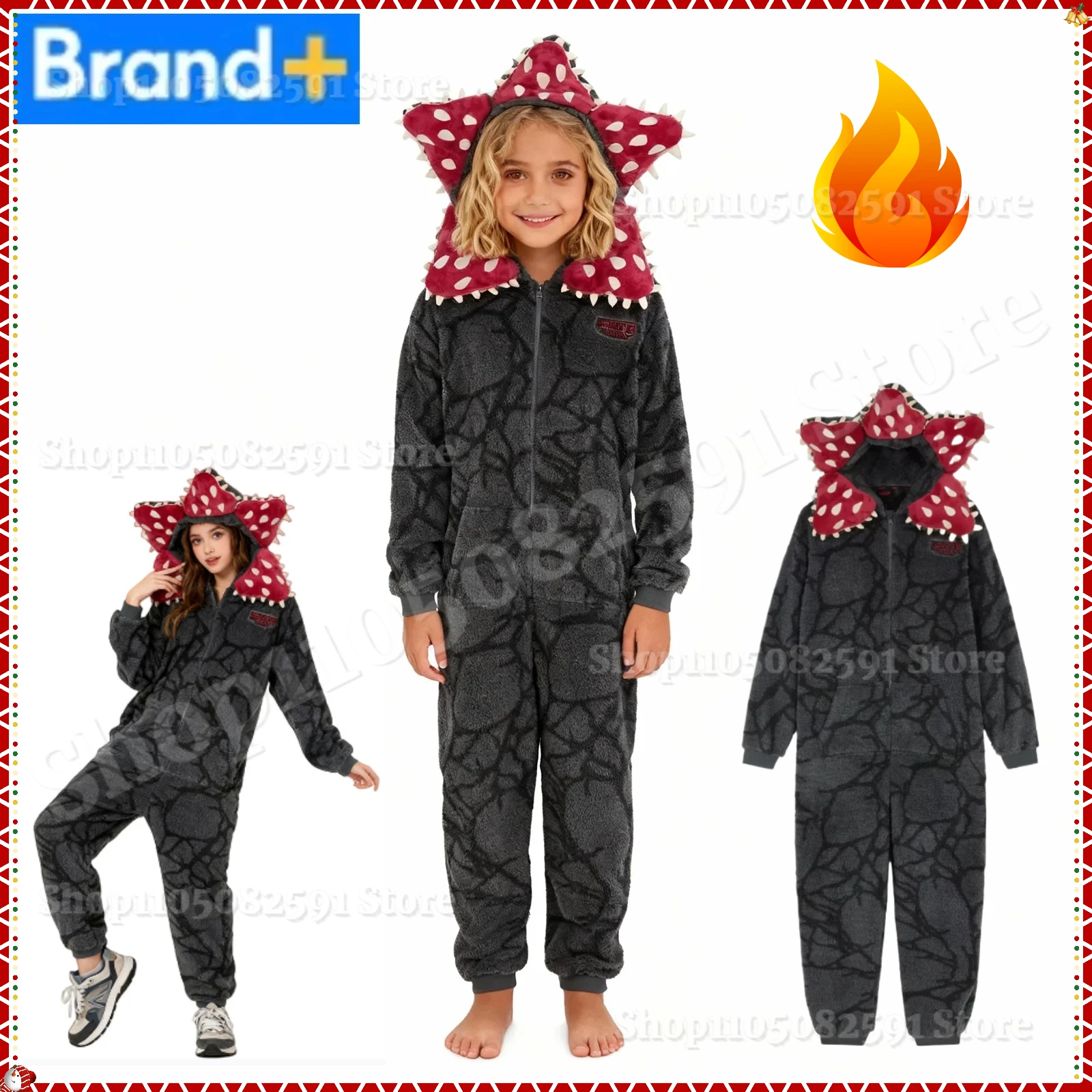 

2026 Kids Pajamas With Demogorgon Plant Design - Flannel Fabric Onesie For Boys & Girls,Soft Stranger Christmas Themed Jumpsuit
