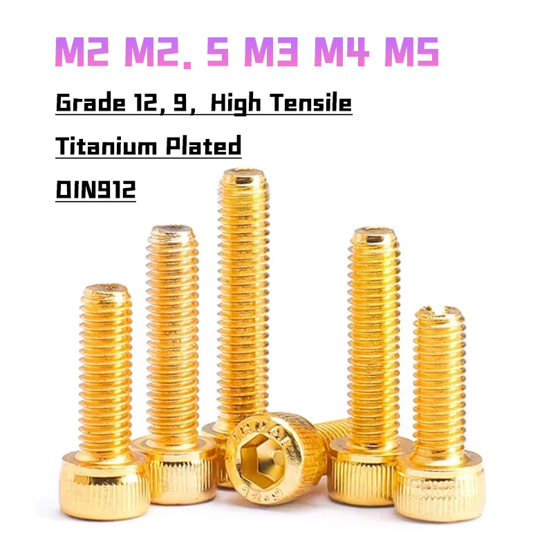 DIN 912 Grade 12.9 Plating Titanium Gold Cup Head Socket Cap Screw M2 M2.5 M3~M5 Cup Head Socket Cap Screw Hex Head Allen Bolt