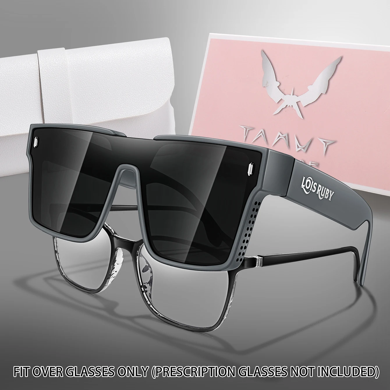 Übergroße quadratische Sonnenbrille für Herren, passt über die Gläser, kurzsichtige Brille zum verschreibungspflichtigen Tragen, Fahren, Angeln, Fahrradbrille – Detail 5