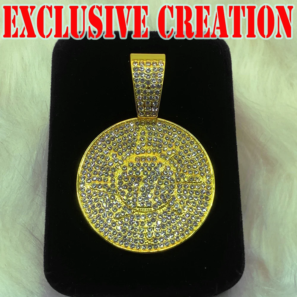 Hip hop custom trendy new necklace, full diamond lucky number 7 pendant, luxurious 18K gold plating, street culture decoration