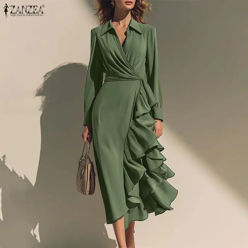 

Женское модное платье ZANZEA: Элегантное миди-платье с длинным рукавом и оборками, весна 2026, повседневное, однотонное, для вечеринок, уличный стиль, Vestidos Robe