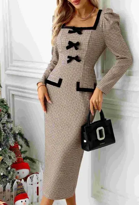 

2026 Elegant New Fashion Casual High End Long Sleeved Sexy Tight Fitting Hip Hugging Skirt Waistband Plaid Elastic Knit Dress