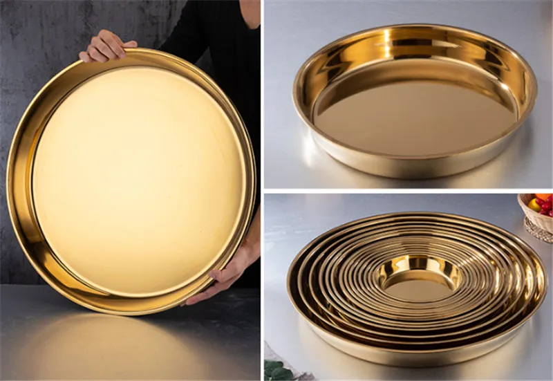 Gold golden stainless steel big round tray plate thick Serving Tray Plater steak Dish Dinner Serving Tray BBQ Grill Meat Dishes