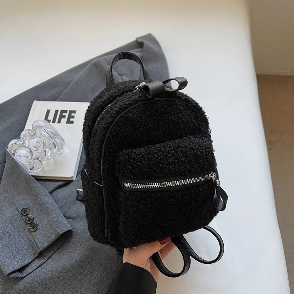 Women Plush Backpack with Multi-Pockets Toddler Backpack Fuzzy Mini Shoulder Bag Mini Schoolbag Mini Travel Bag