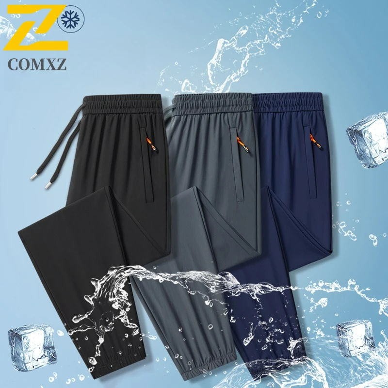 

Men Lightweight Sweatpants Ice Silk Slim Stretch Hiking Pants With Zip pockets Casual Jogger Summer Straight Working Trousers