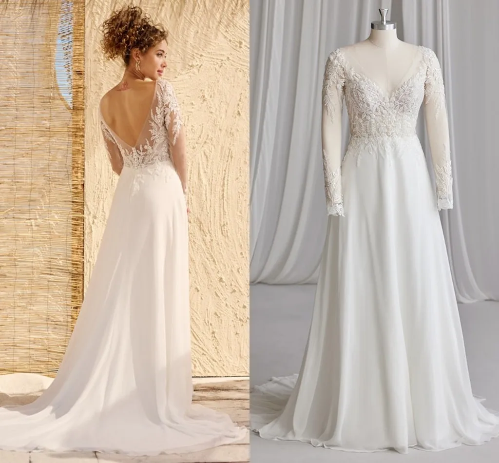 Offenes Rücken Chiffon Brautkleid mit Illusion Spitze und Perlen lange Ärmel Strand Urlaub Brautkleider Abito da Sposa