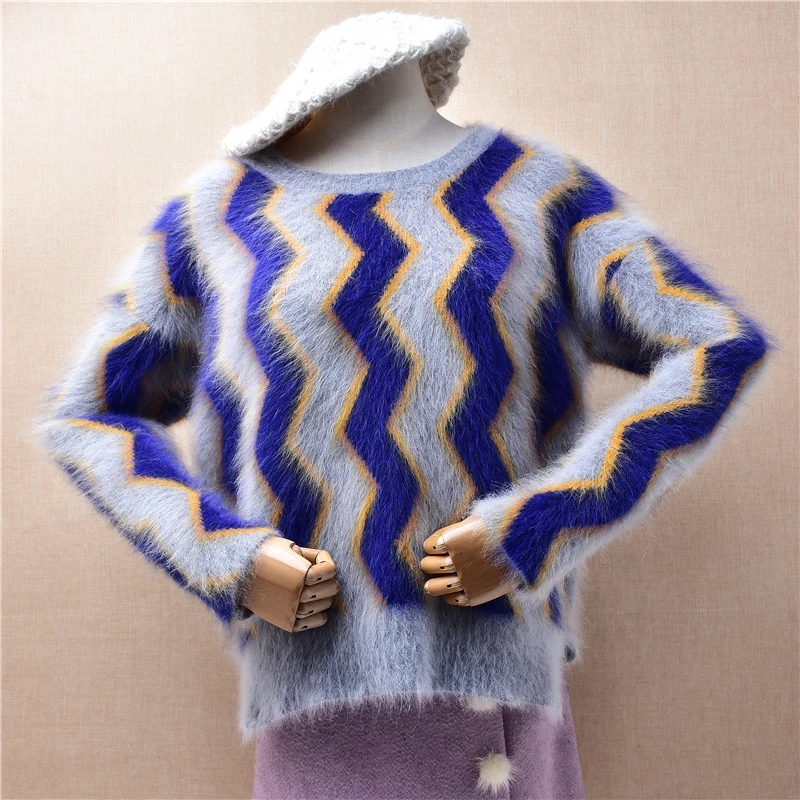 Women Mujer Autumn Winter Striped Hairy Angora Rabbit Hair Knitted O-Neck Long Sleeves Slim Blouses Pullover Sweater Jumper Pull