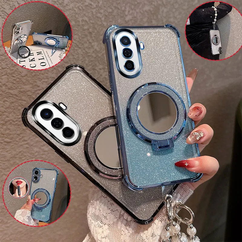 Bling Glitter Lipstick Mirror Stand Handyhülle für Huawei Nova Y70 Plus Y71 Enjoy 50 mit Perlenkette, stoßfeste Schutzhülle
