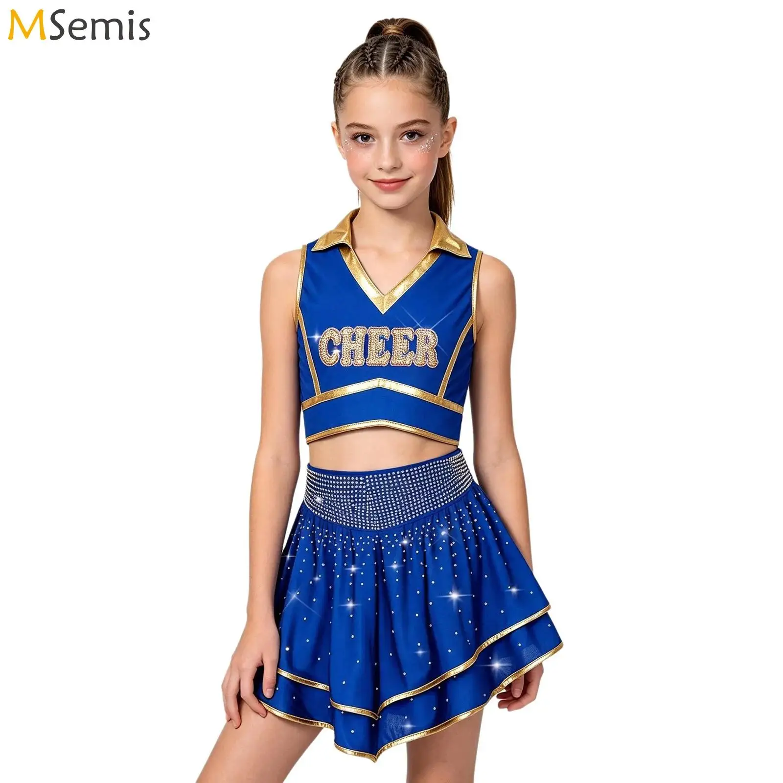 Kids Girls Metallic Trim Cheerleader Costume Rhinestone Cheerleading Uniform V Neck Sleeveless Crop Vest Top with Ruffled Skirt