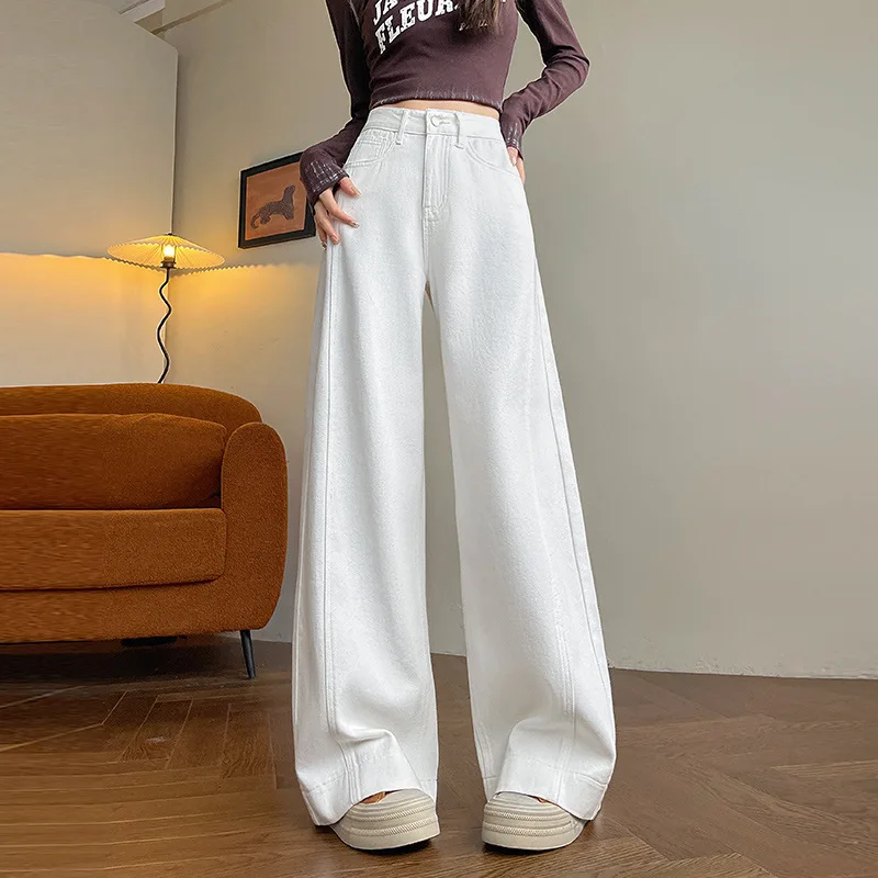 White Casual Wide-Leg Pants For Women, Spring And Autumn, Relaxed Drape, Loose Fit, Slimming, Floor-Length, Patchwork Design