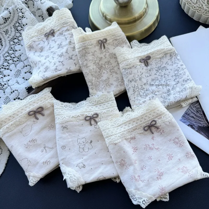 SP & CITY – sous-vêtements en coton pour femmes, animaux de dessin animé, taille moyenne, bord en dentelle, respirant, mignon, culotte à fleurs, doux, confortable, sans couture