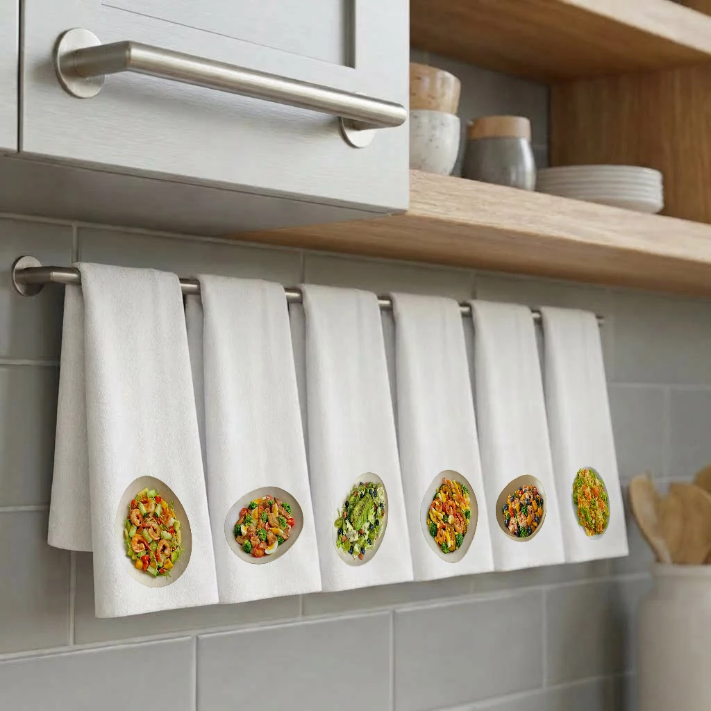 

3/6 Pack Savory Meal & Stir Fry Print Kitchen Towels Absorbent Cotton Dish Cloths Soft Reusable Decorative for Cooking Baking