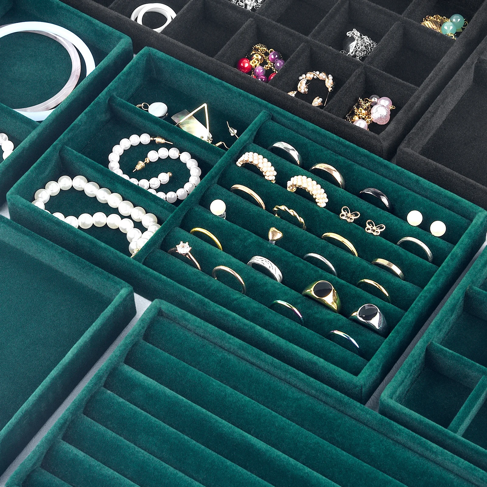 

Black/Dark Green Velvet Jewelry Display Tray Exquisite Jewellery Holder Portable Ring Earrings Necklace Organizer Storage Trays