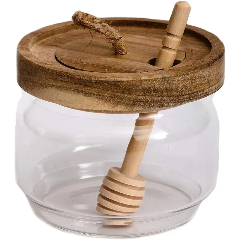 

Honey Jar Pot Glass Holder Dispenser with Wooden Dipper and Acacia Lid Cover for Home Kitchen Honey Container