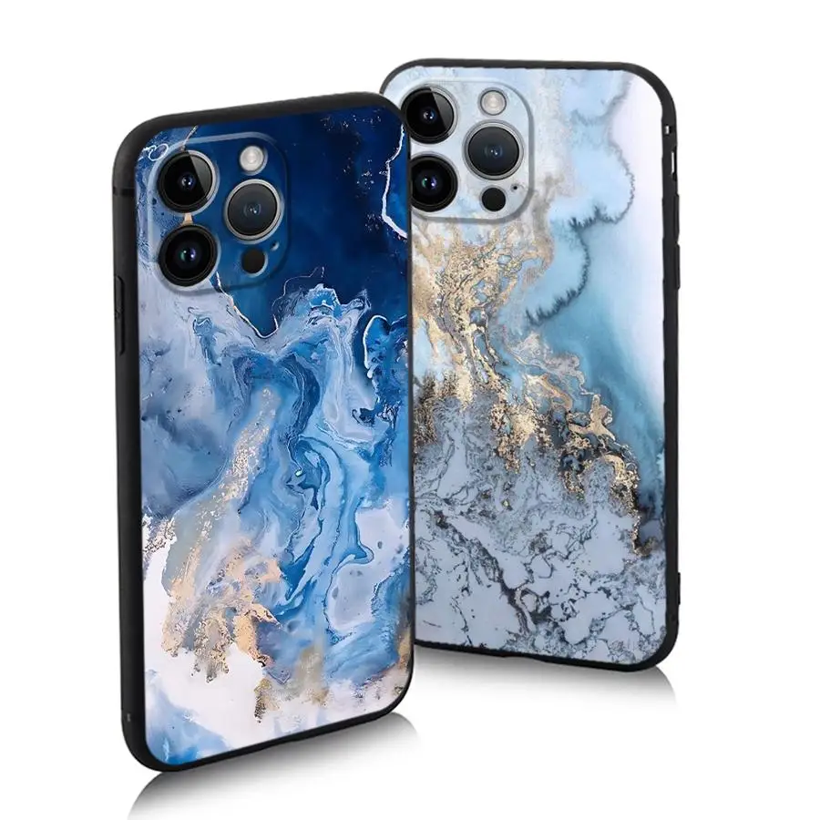 أزياء رخامية حالة زرقاء لفون ، غطاء الهاتف لفون 16 ، 15Pro ، 12 ، 13 ، 14 ، 11 برو ماكس ، XR ، 7 ، 8 ، SE ، XS ماكس ، 12 ميني ، 16 Plus ، 14Pro ، 13Pro