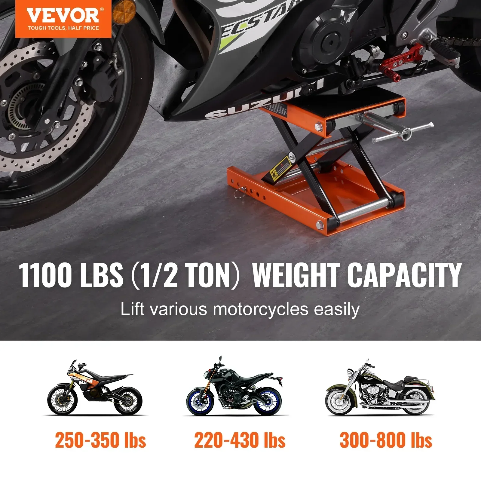 VEVOR Motorcycle Jack Capacity Motorcycle Scissor Lift Jack 350/1100/1500 LBS with Wide Deck & Safety Pin for Bikes Motorcycles