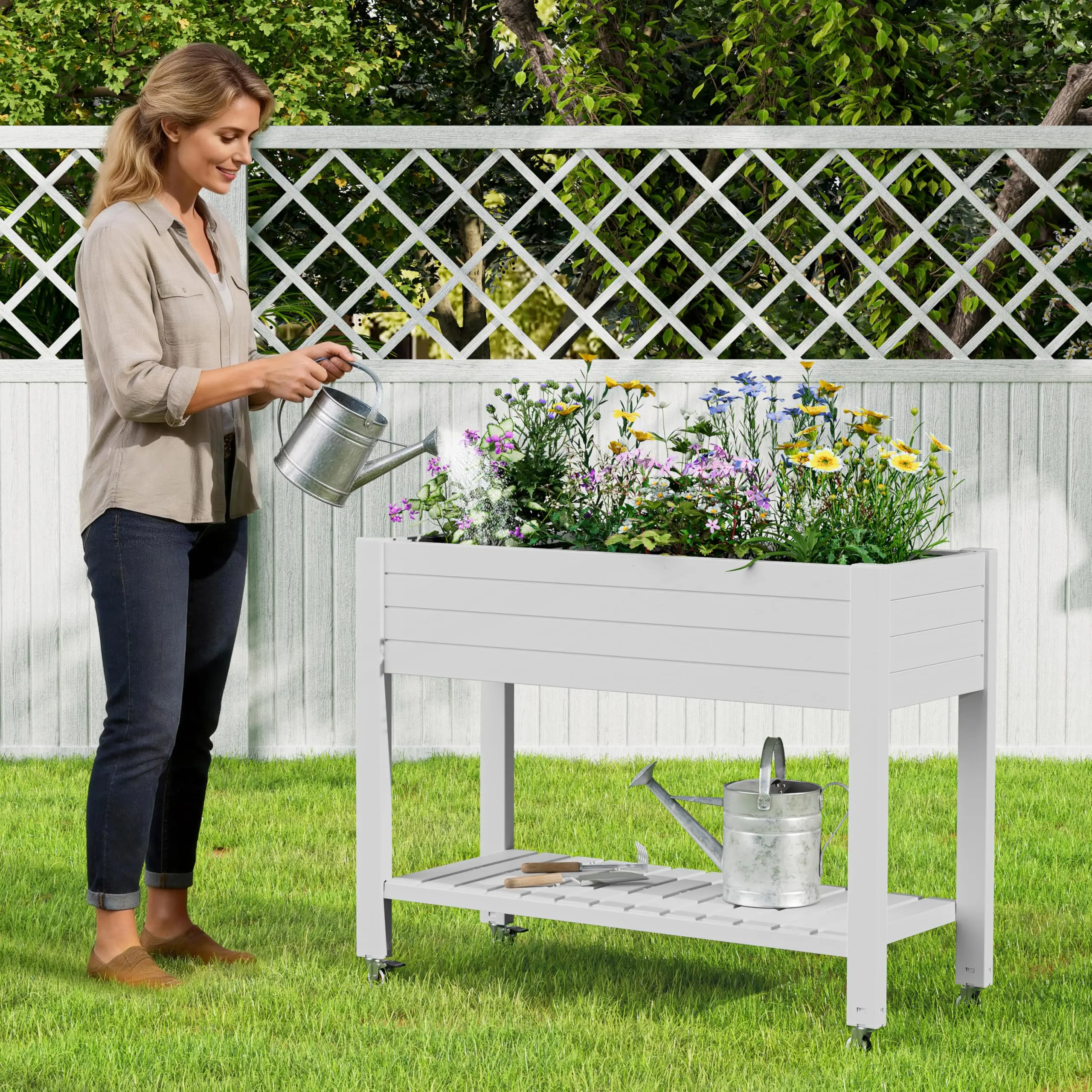 Elevated Raised Garden Bed with Wheels,Planter Box,Ashen-33.7