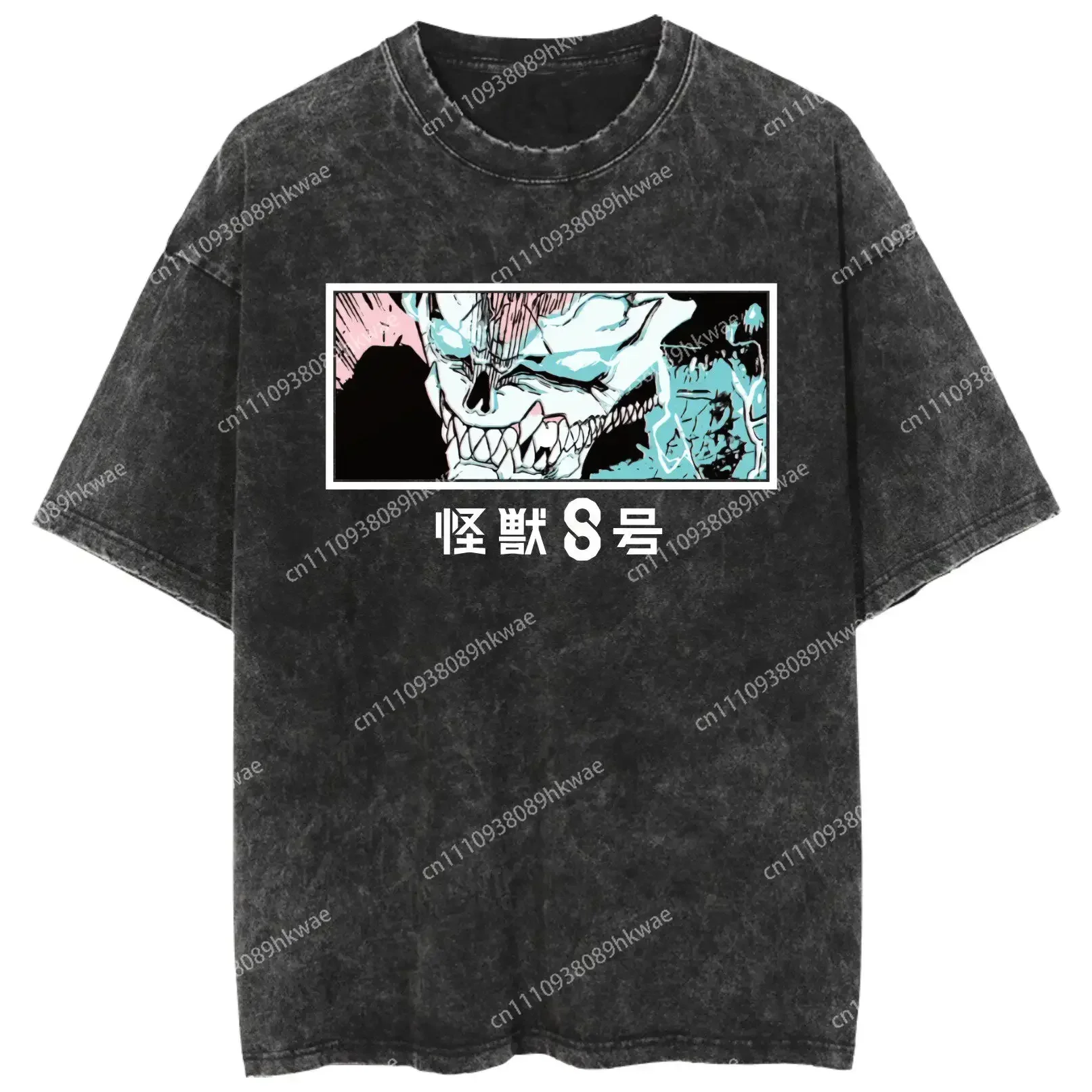 Kaiju No.8 Men Cotton T-shirt Streetwear Anime Graphic Washed Black Oversized Short Sleeve Casual Daily Wear Kaiju No.8