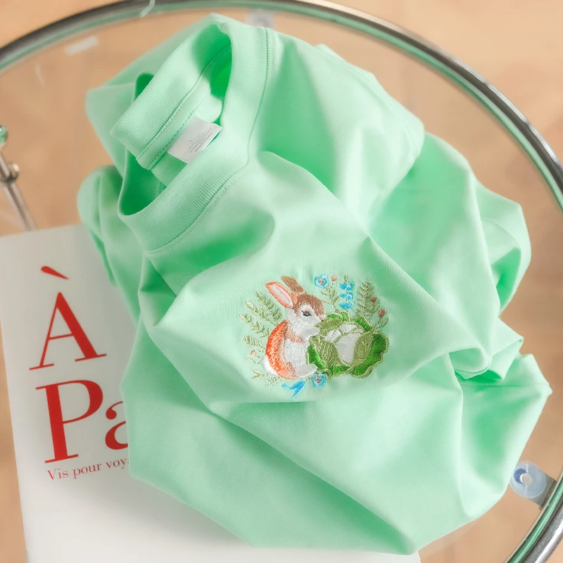 لطيف أرنب التطريز فضفاض المرأة تي شيرت 2025 جديد الربيع الصيف س الرقبة قصيرة الأكمام 100% القطن شيك بلايز عادية و تيز S-3XL