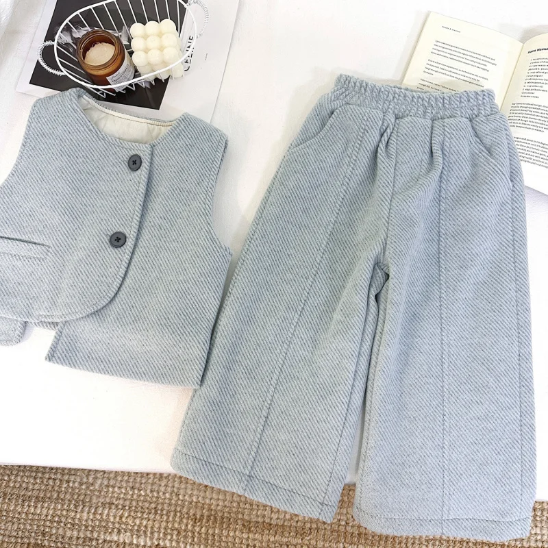 

Girls' Vest Set Winter New Fashionable Children's Thickened Cotton Vest with Fleece Wide-Leg Pants Two-Piece Set