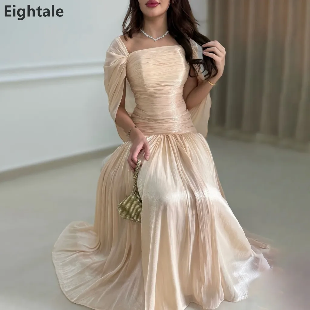 

Eightale 2025 Off Shoulder Champagne Maxi Evening Dress Pleaded Wedding Party Formal Prom Dress Dubai Party Gown Customized