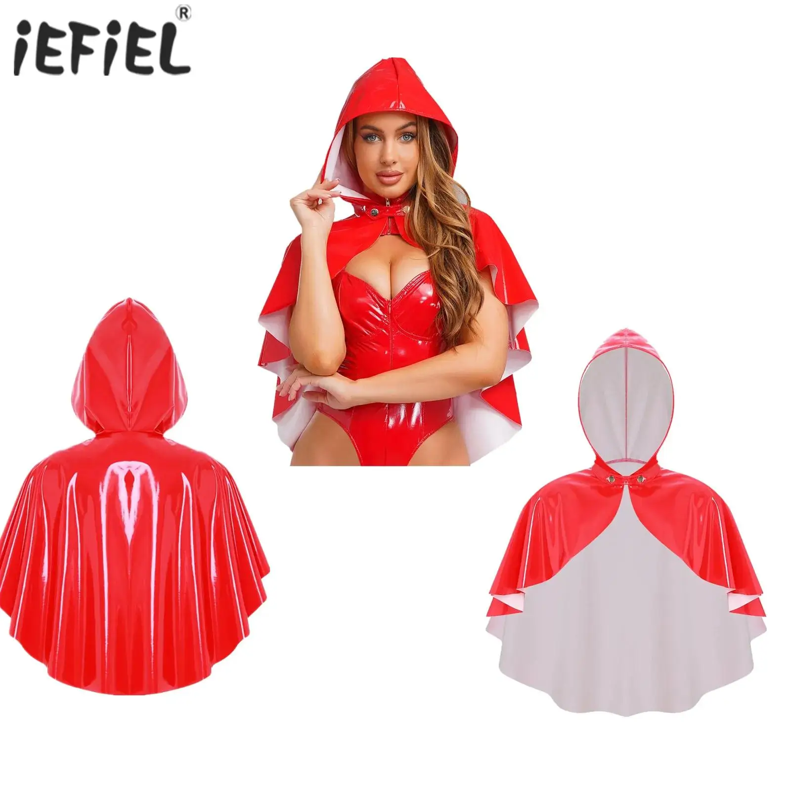 

Womens Steampunk Gothic Cloak Witch Wizard Cosplay Party Costume Devil Hooded Cloak Patent Leather Cape Bolero Disco Clubwear