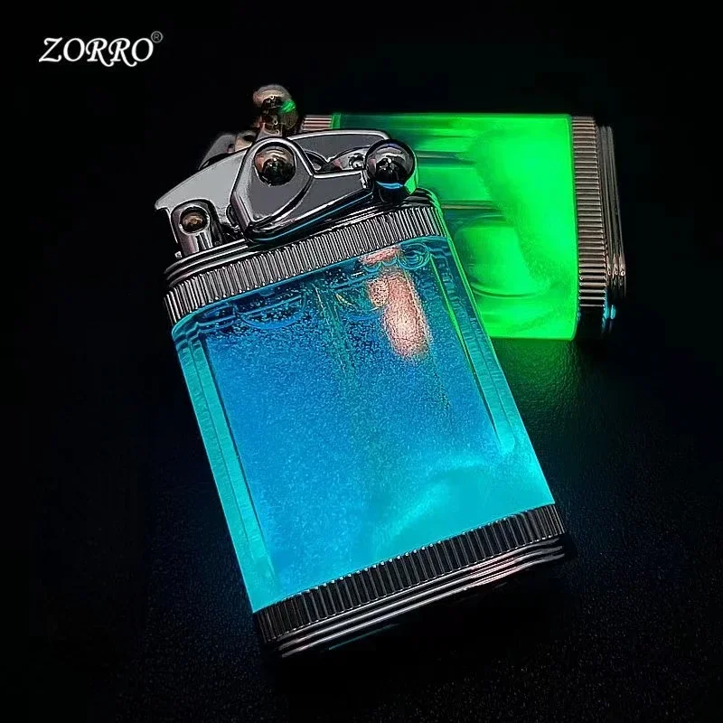 ZORRO Luminous Quicksand Rocker Kerosene Lighter Transparent Fuel Tank Metal Retro Grinding Wheel Cigarette Lighter Men\'s Gift