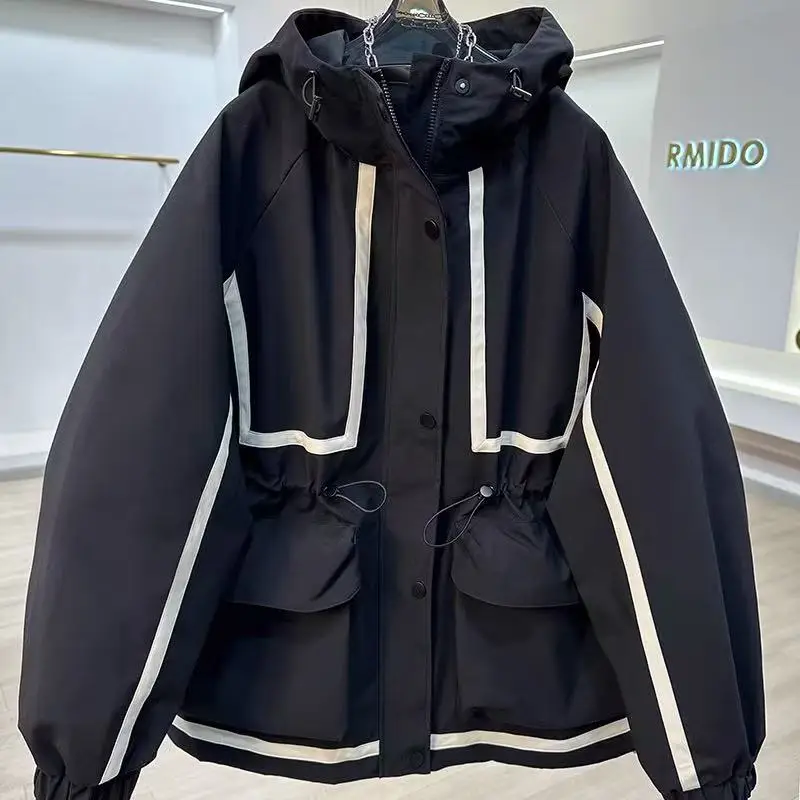 

European Style Hooded Ribbon Stitching Contrast Jacket Women's Slim Fit Casual Fashion Coat Outdoor Short Trench Overcoat Female