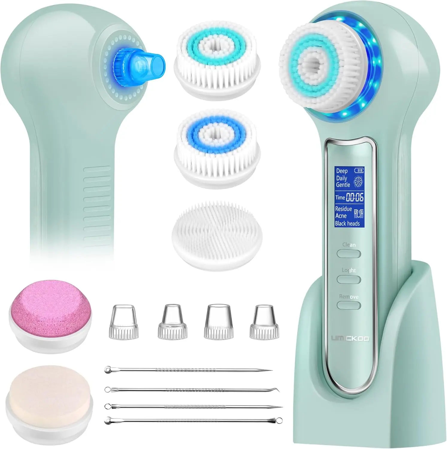Waterproof Facial Cleansing Brush with LCD Screen, Blackhead Remover Vacuum, 5 Brush Heads for Exfoliating in Green