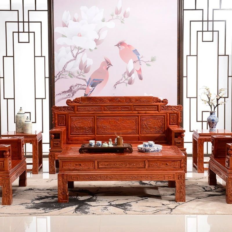 S @ Chinese style solid wood sofa combination, pineapple, old elm wood hotel antique mahogany furniture, living room, wealth