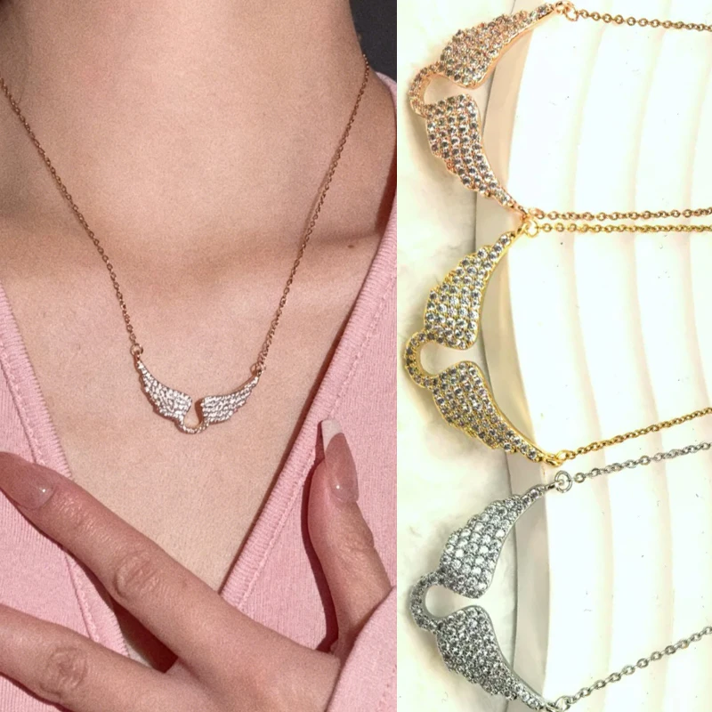2026 Sparkling Diamond Full Wings American Retro Spicy Girl Niche Design Necklace