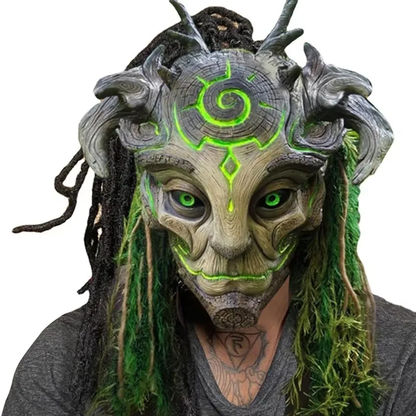 Scary Halloween Spirit Forest Green Mask Tree Old Man Horror LED Ghost Latex Festival Mask Creepy Demon Carnival Party Props