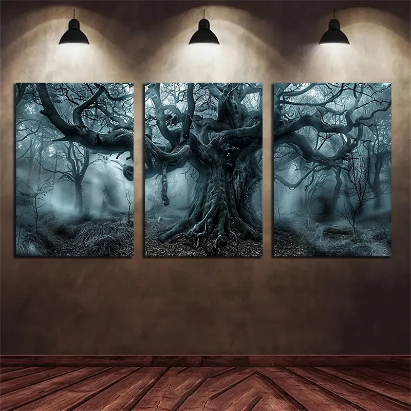 3pcs -Dark forest triptych eerie trees Theme Canvas Wall Art Painting, 2D Flat, Suitable for Halloween, Christmas, Winter and