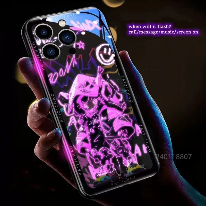 Casing Penutup Flash LED Diaktifkan Suara Anime untuk Samsung Galaxy S25 S24 S23 S22 Ultra Plus S21 S20 FE Penutup Belakang Kaca Bercahaya
