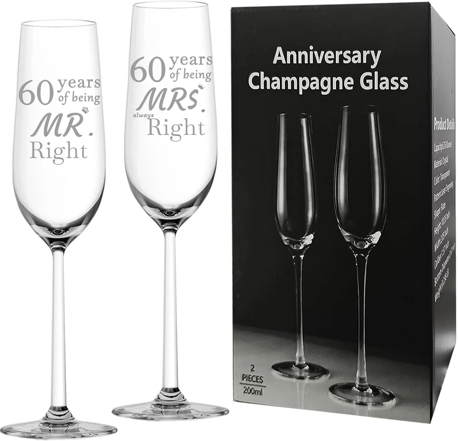 

60th Anniversary Champagne Flutes Set of 2 - Wedding Gift for Couple, Him & Her