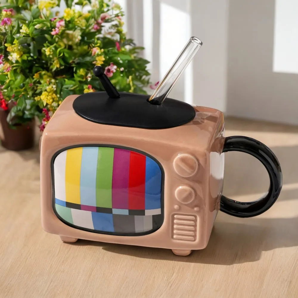 Exquisite Retro Creative 3D Television TV Shape Ceramic Coffee Mugs with Cover - Milk Beer Mugs Household Cup for Drinking Drink