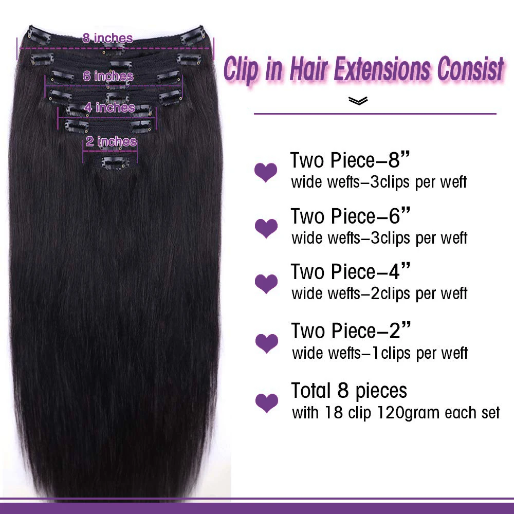 Extensiones de cabello humano liso con Clip para mujer, 100% sin procesar, Clip de cabeza completa, cabello virgen brasileño, negro Natural