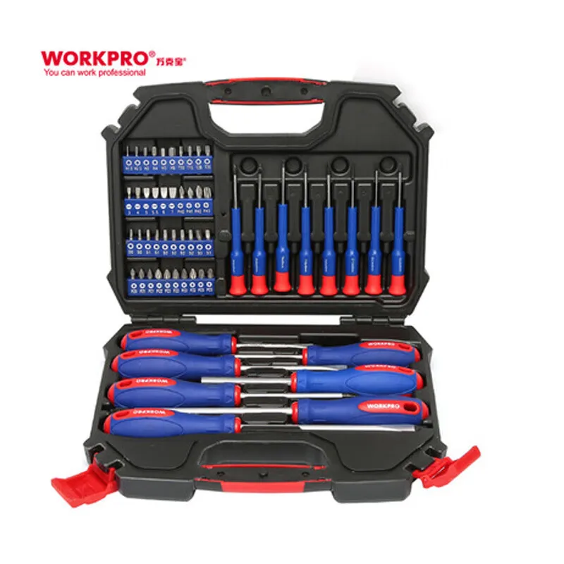 

Набор отверток WORKPRO из 56 предметов с двухцветными рукоятками, сталь CR-V, с насадками-битами WP200518