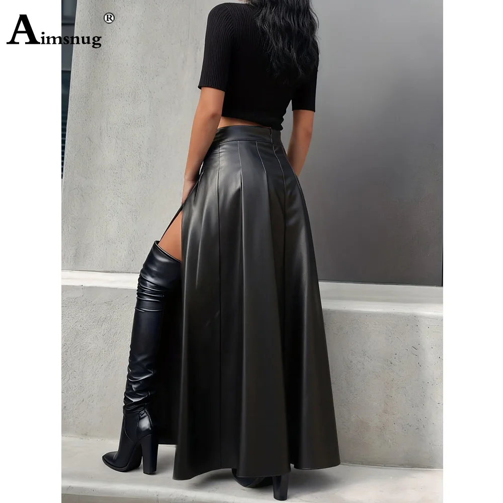 2026 alta divisão plissada falso couro do plutônio saias das mulheres sexy night club dança festa saia bodycon feminino tornozelo comprimento bottoms novo