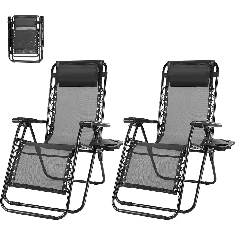

Portable Reclining Lounge Chairs Set of 2 with Adjustable Pillows, Mesh Back, Cup Holders for Outdoor, Beach, and Patio Use