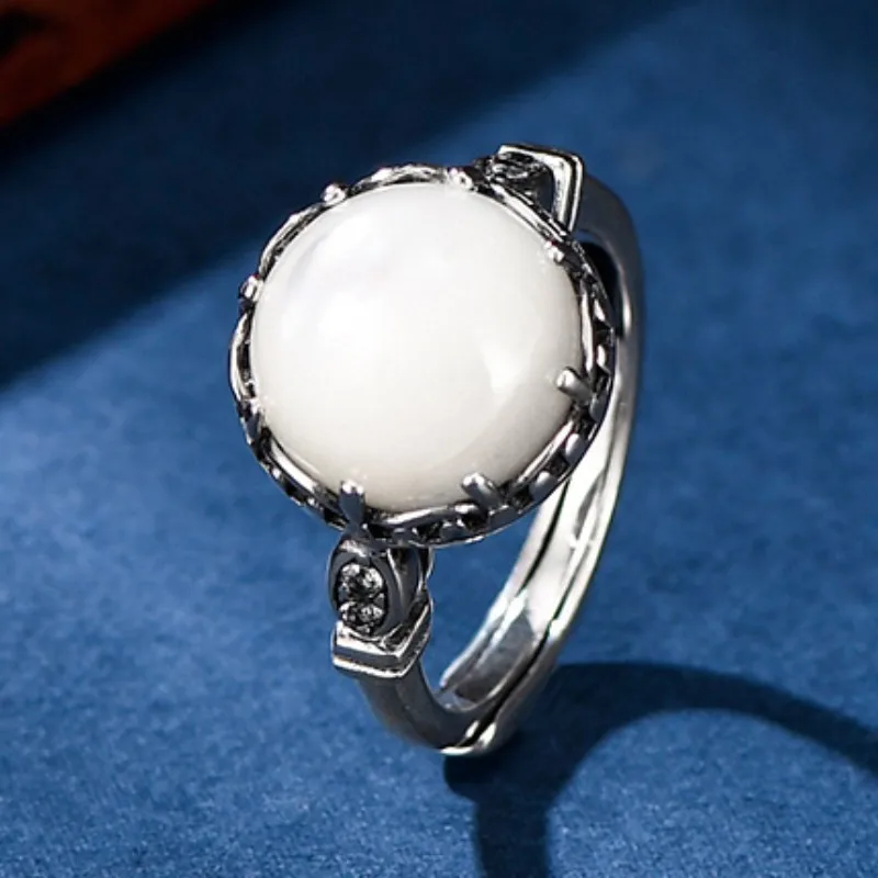 Genuine S925 Sterling Silver Rings for Women New Fashion White Seashell Hollow Palace Style Totem Jewelry Adjustable Size